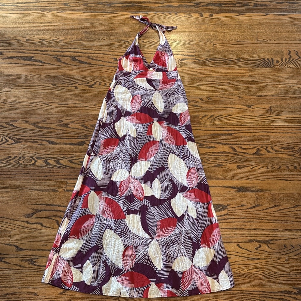 BCBG MaxAzria Red Purple Tan Leaf Design Halter Neck Tie Cotton Maxi Dress S